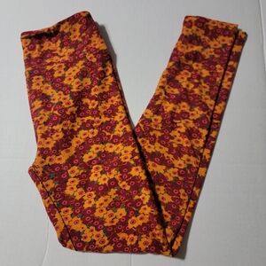 LuLaRoe One Size Maroon And Orange Floral Ankle‎ Leggings